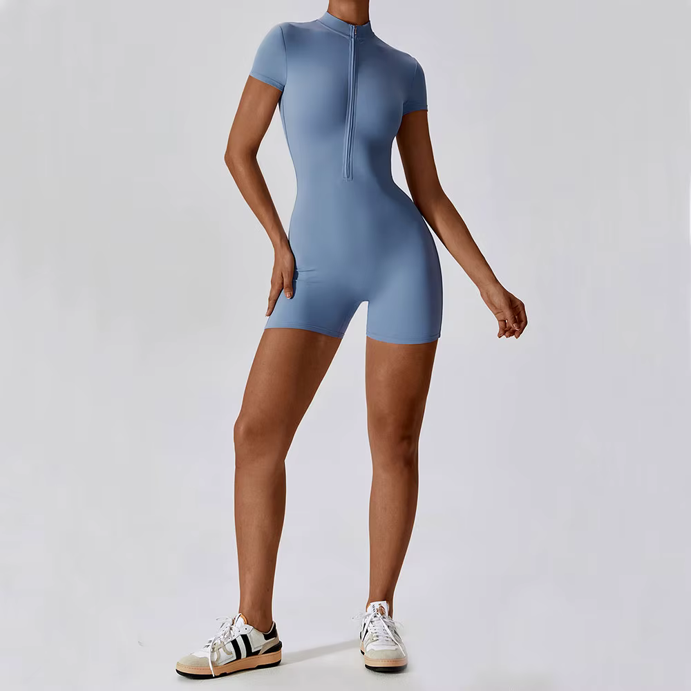 Combinaison de Yoga d'été à manches courtes avec fermeture éclair, tenue de sport, Fitness, body pou