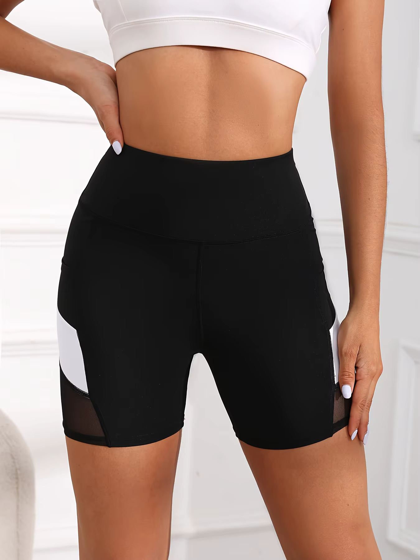 Short de yoga taille haute en maille pour femme avec poches, short d'exercice TUNITuck