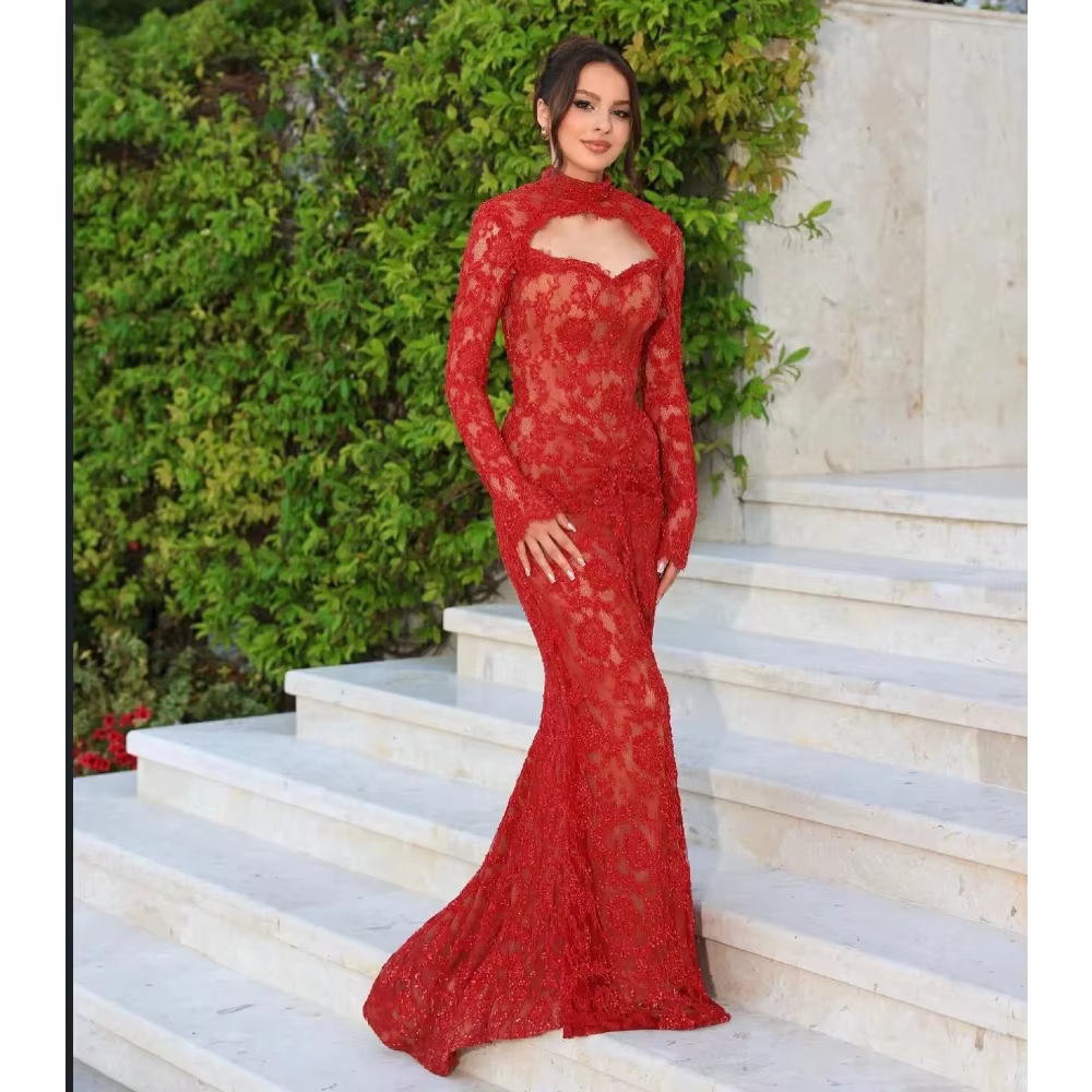 Robes de soirée rouges glamour en dentelle intégrale, magnifiques robes de bal ornées de perles avec