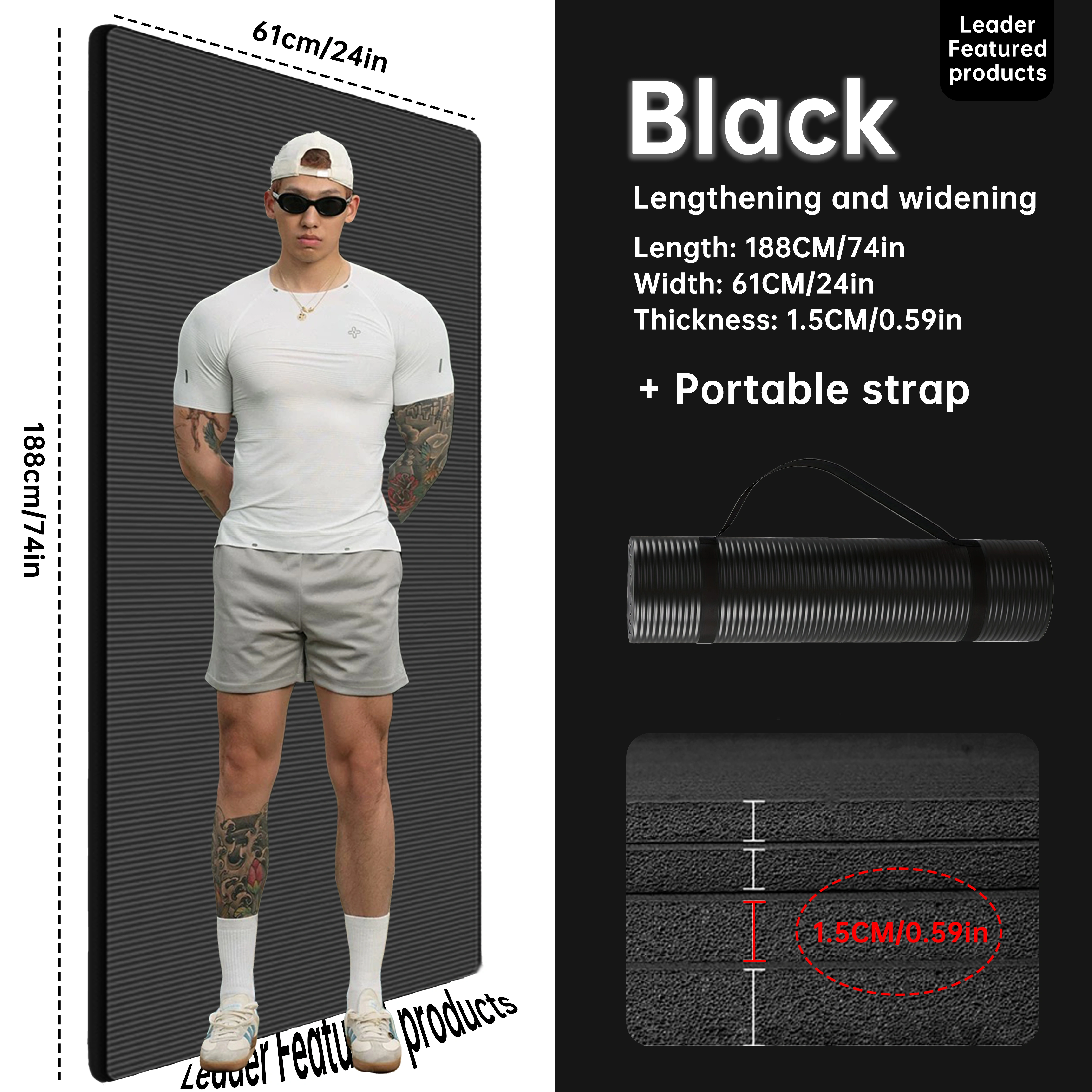 Tapis de yoga extra long antidérapant de 1,5 cm (0,59 po) d'épaisseur, absorbant les chocs et réduis