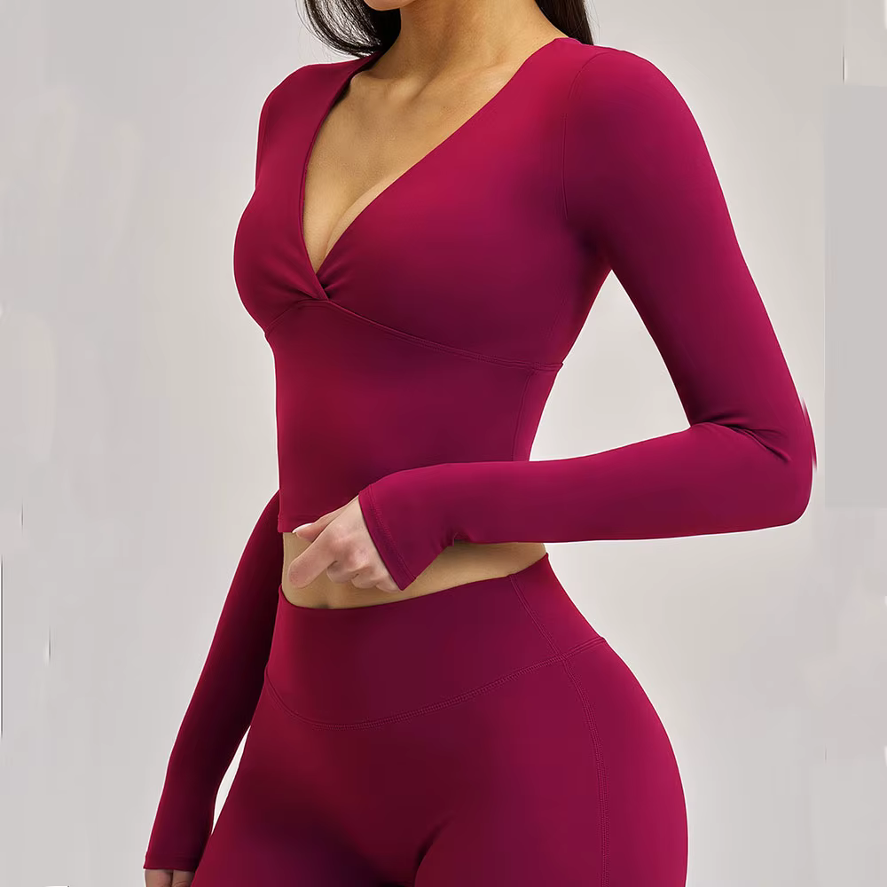 T-shirts de yoga pour femmes, coupe ajustée, manches longues, vêtements de sport, de fitness, de cou