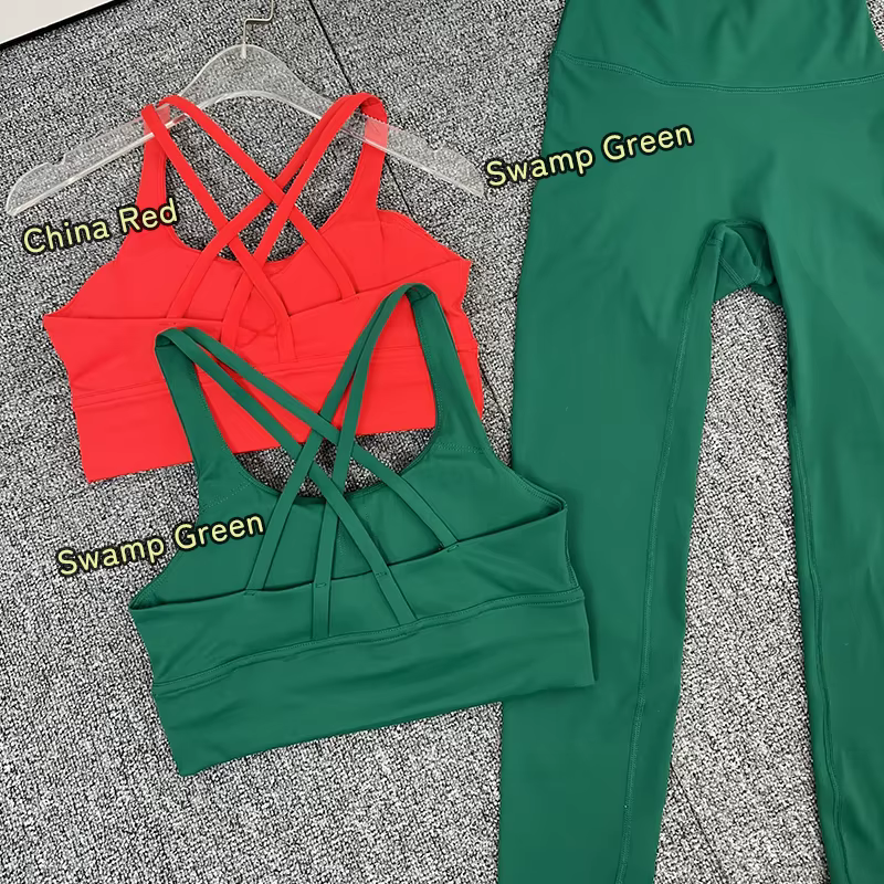 Costume de yoga 2 pièces style Noël, couleur unie, ensemble de fitness, dos croisé, haut de yoga, pa