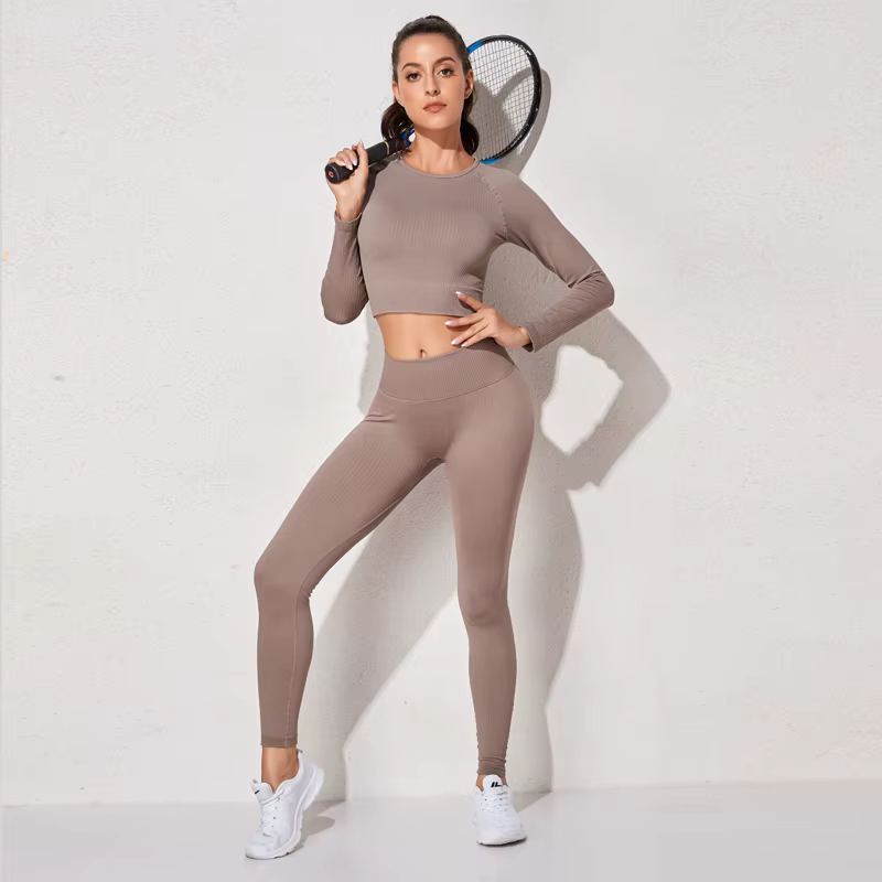 WAREBALL Ensemble de Vêtements de Yoga, Legging, Brassière et Haut à Manches longues, Sans Couture, 