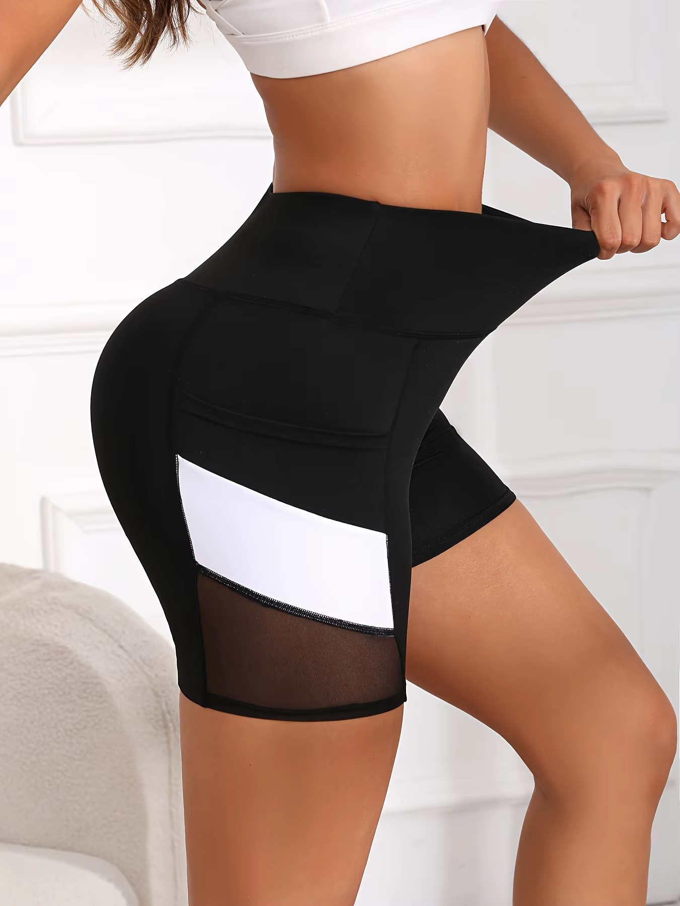 Short de yoga taille haute en maille pour femme avec poches, short d'exercice TUNITuck