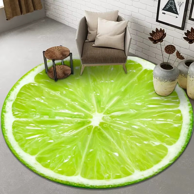 Tapis rond avec motif de fruits comprenant orange, citron, tomate, kiwi doux et polyvalent, style fr