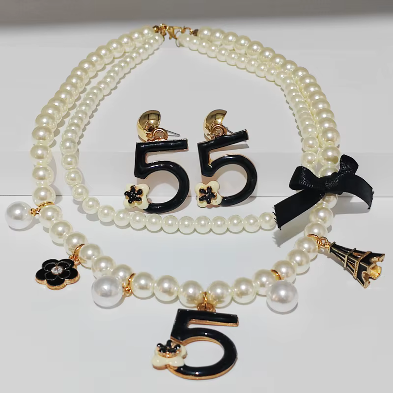 Ensemble de bijoux tendance pour femme, tour de cou, collier de perles, boucle d'oreille, accessoire