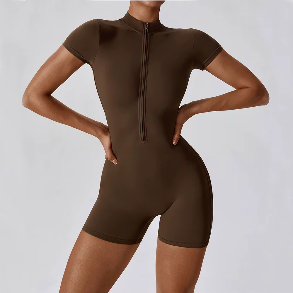 Combinaison de Yoga d'été à manches courtes avec fermeture éclair, tenue de sport, Fitness, body pou