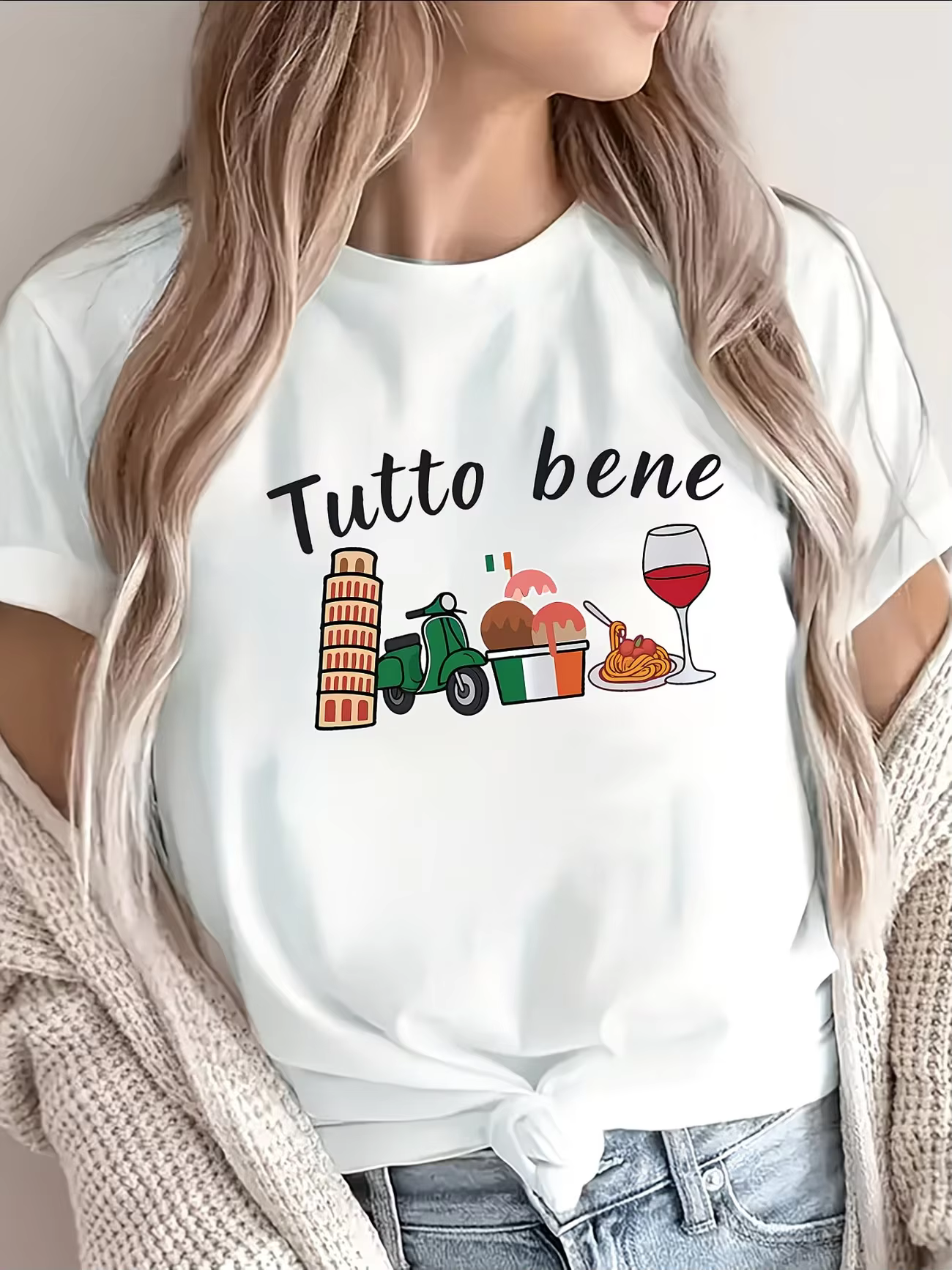 T-shirt Femme Tutto Bene Italie – T-shirt Graphique Vacances Italiennes Amusant Tour de Pisa Gelato