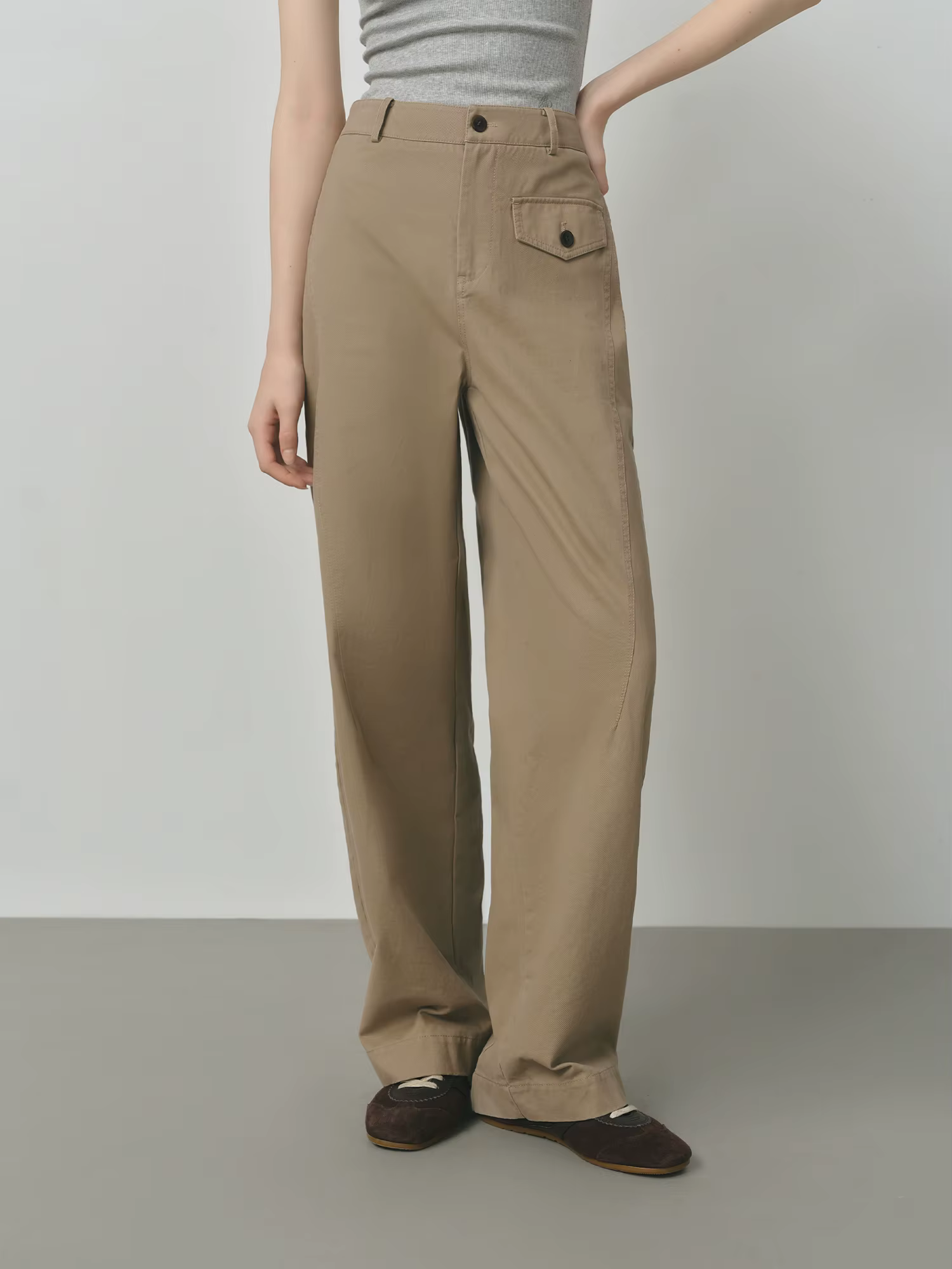 FSLE 2025 Pantalon kaki pour femme - Pantalon en coton à jambe droite Coupe décontractée d'automne S