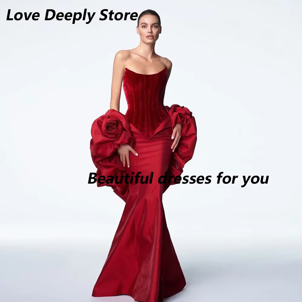 Robes de soirée rouges pour femmes, sexy, sans bretelles, longues, style sirène, dos nu, avec fleurs