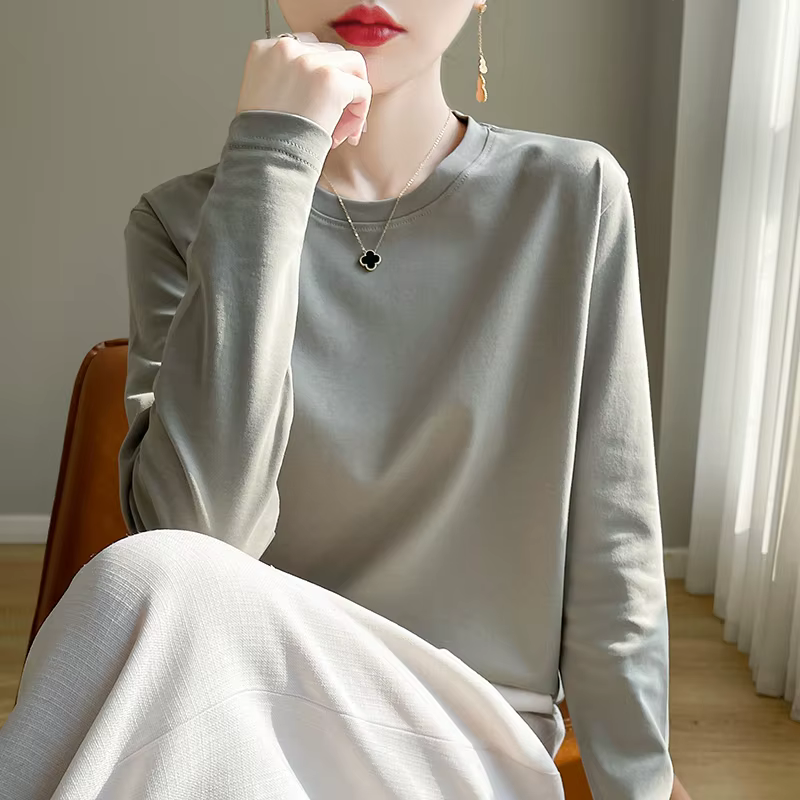 T-Shirt à manches longues et col rond pour femme, 100% coton, chemise à bascule, haut ample, printem