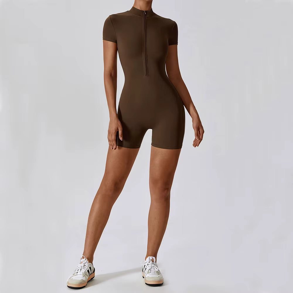 Combinaison de Yoga d'été à manches courtes avec fermeture éclair, tenue de sport, Fitness, body pou