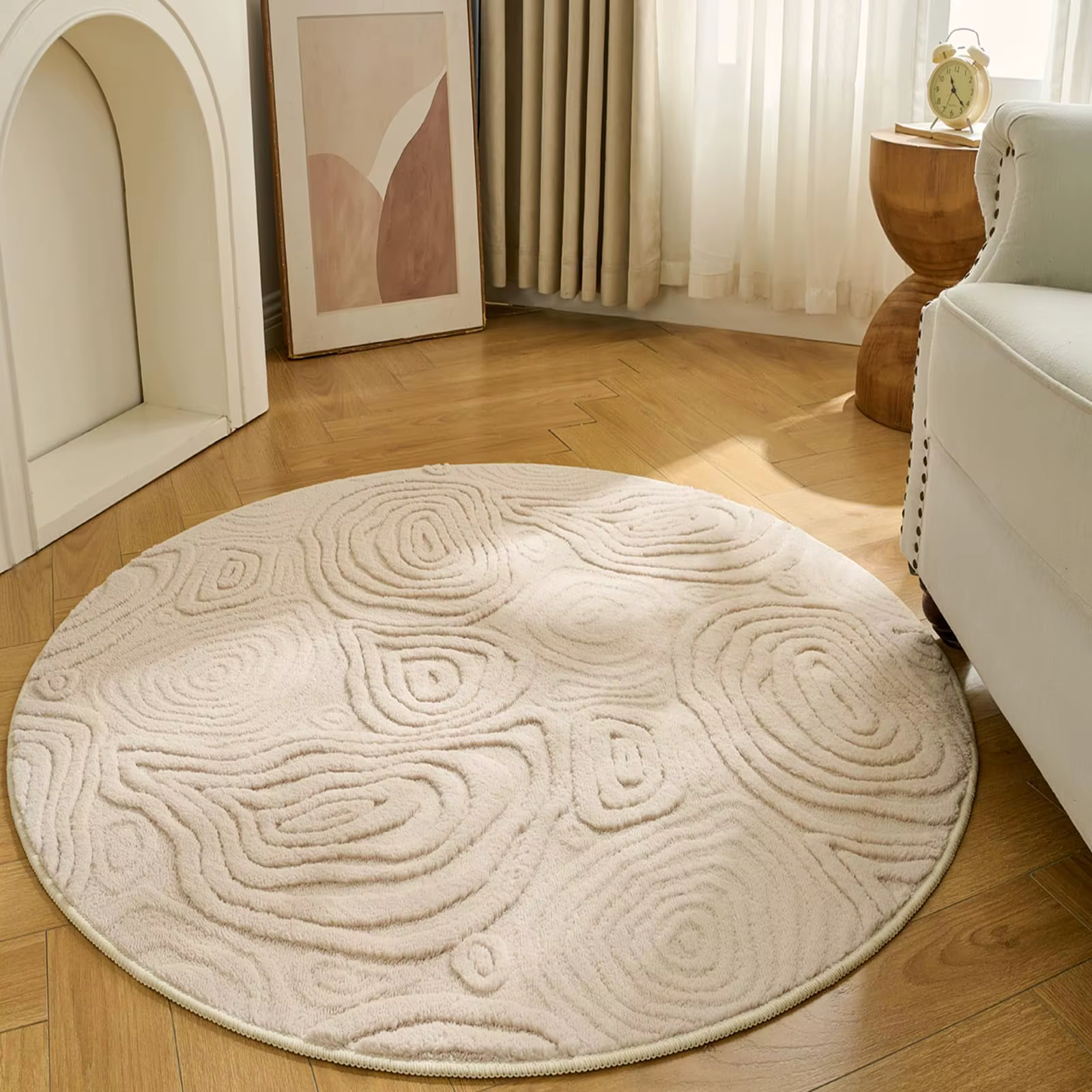 Tapis rond géométrique 3D – Polyester doux à poils longs et courts, lavable et antidérapant, tapis c