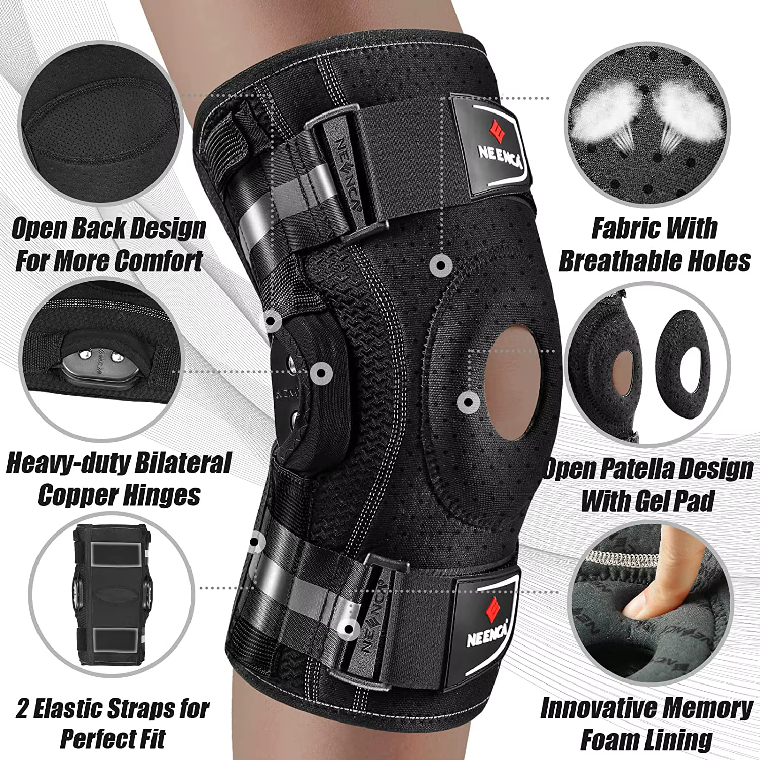 Genouillère articulée, stabilisateurs double face, soutien du genou pour soulager la douleur au geno