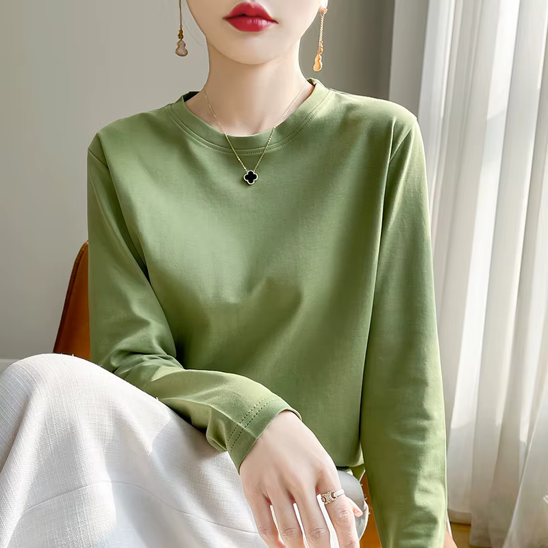 T-Shirt à manches longues et col rond pour femme, 100% coton, chemise à bascule, haut ample, printem