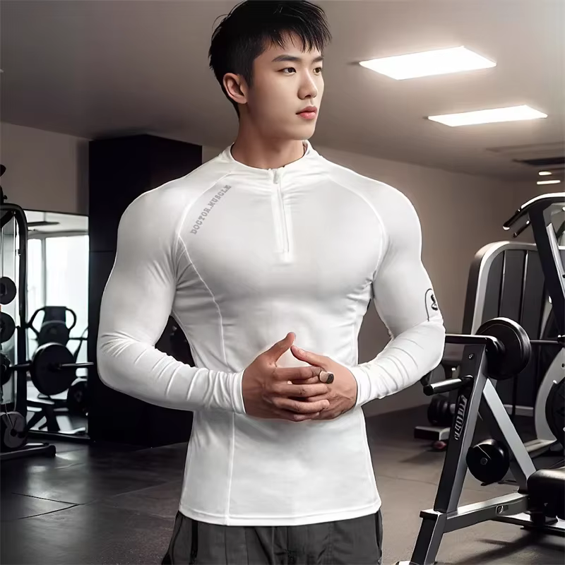 Haute qualité fermeture éclair col rond hauts sport printemps automne fitness T-shirt hommes à manch
