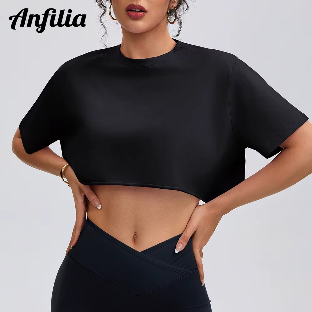 Anfilia femmes mode chemises de Yoga coupe ample col rond manches courtes 95% coton respirant gymnas