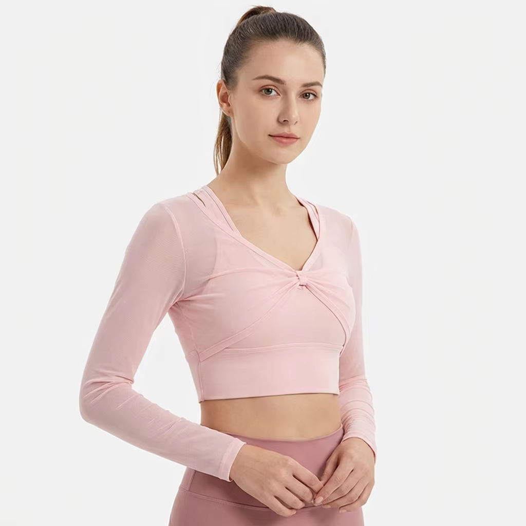 Haut de yoga à manches longues rembourré pour femmes, haut de sport sexy en maille, haut de sport po