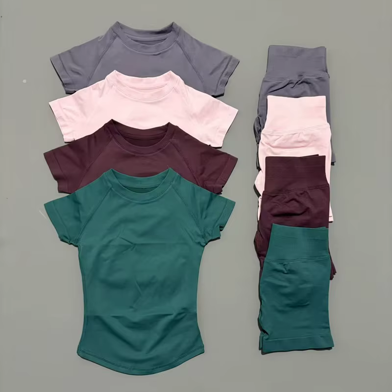Ensemble de sport 2 pièces pour femme, haut de yoga à manches courtes en tricot sans couture, ensemb