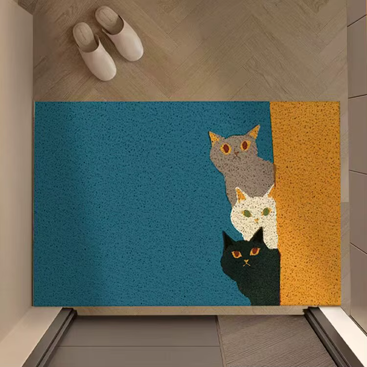 Tapis d'entrée à motif chaton adorable, anti-salissures, à boucles métalliques, imperméable, pour buanderie, tapis de bienvenue esthétique