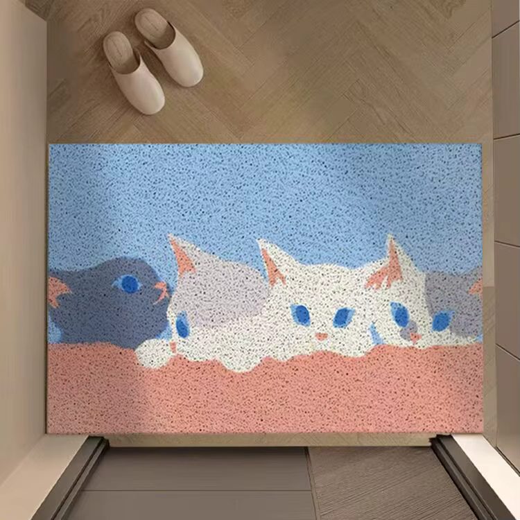 Tapis d'entrée à motif chaton adorable, anti-salissures, à boucles métalliques, imperméable, pour buanderie, tapis de bienvenue esthétique