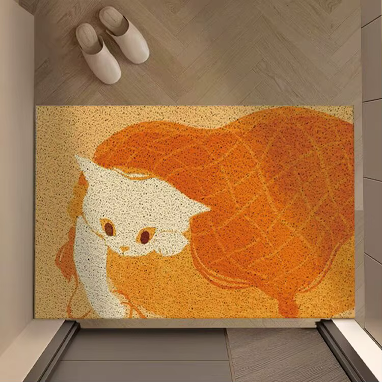 Tapis d'entrée à motif chaton adorable, anti-salissures, à boucles métalliques, imperméable, pour buanderie, tapis de bienvenue esthétique