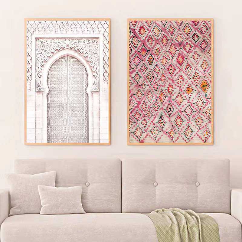 Impressions d'art de tapis rose Vintage, décor mural Boho, affiche éclectique, porte ancienne marocaine, peinture sur toile, images d'art