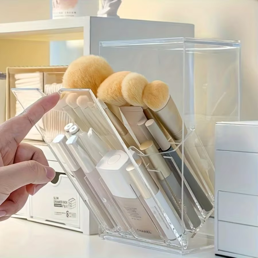 Coiffeuse boîte de rangement acrylique porte-brosse de maquillage Transparent réglable bureau salle de bain étanche accessoires de rangement