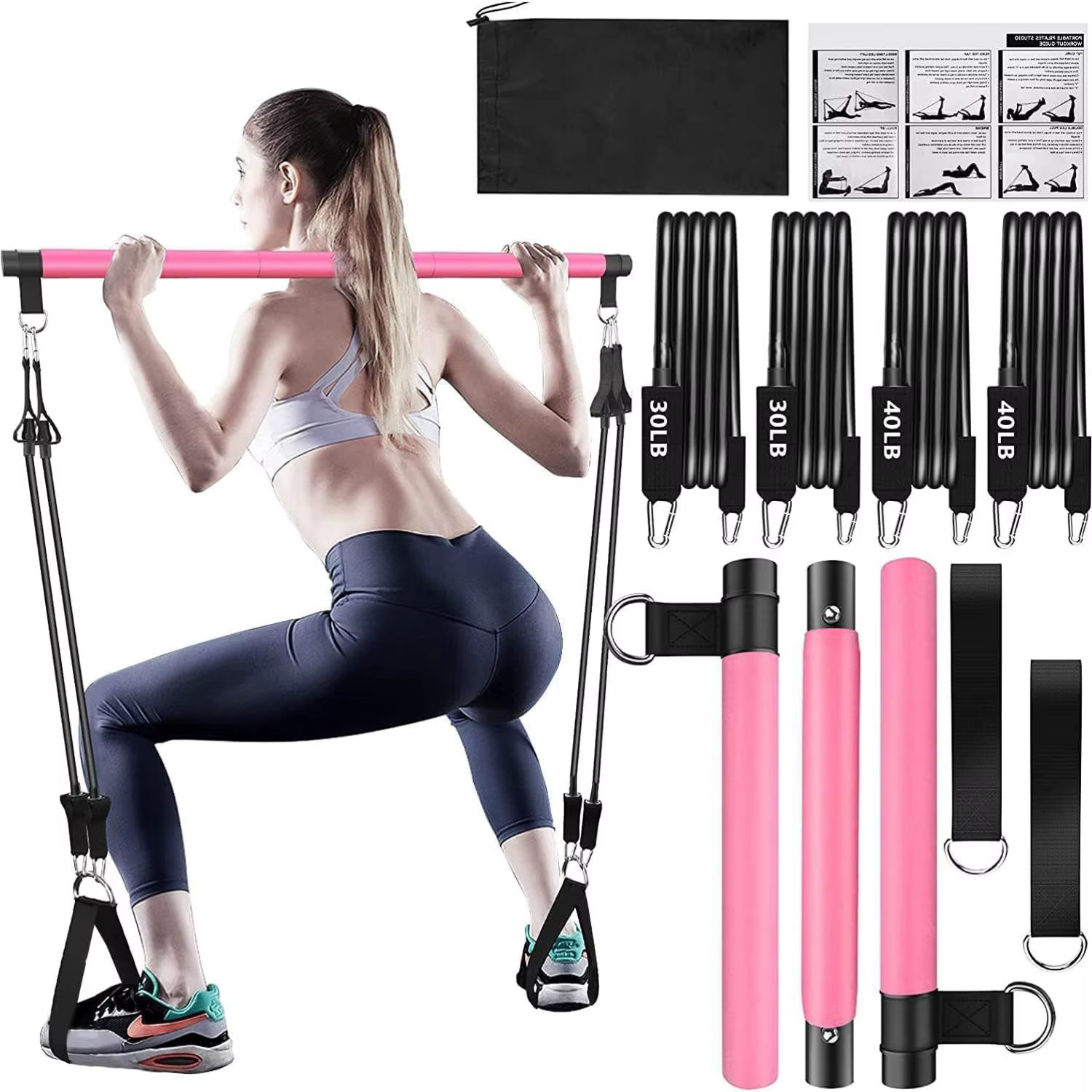 Kit de barre de Pilates avec bandes de résistance réglables