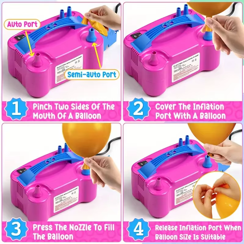 Pompe à ballons électrique portable avec deux buses, 600W, rouge rose - Alimentée par USB, fonctionnement manuel pour les décorations de fêtes et d'événements