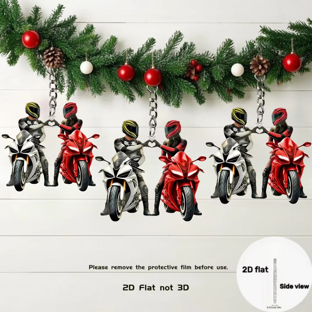 Porte-clés 2D cool pour couple, pendentif en acrylique pour passionnés de moto, accessoire décoratif plat à suspendre pour voiture, sac à dos, cadeau d'anniversaire