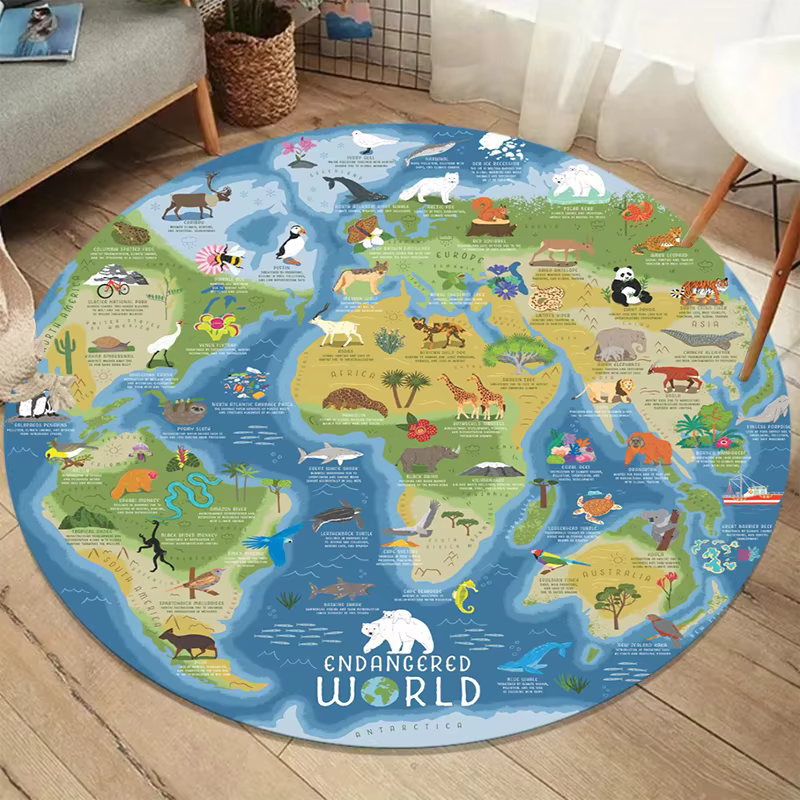 Tapis éducatif pour enfants avec carte du monde ronde, antidérapant, doux, lavable, imprimé d'animaux, pour la crèche, la salle de jeux, la salle de classe
