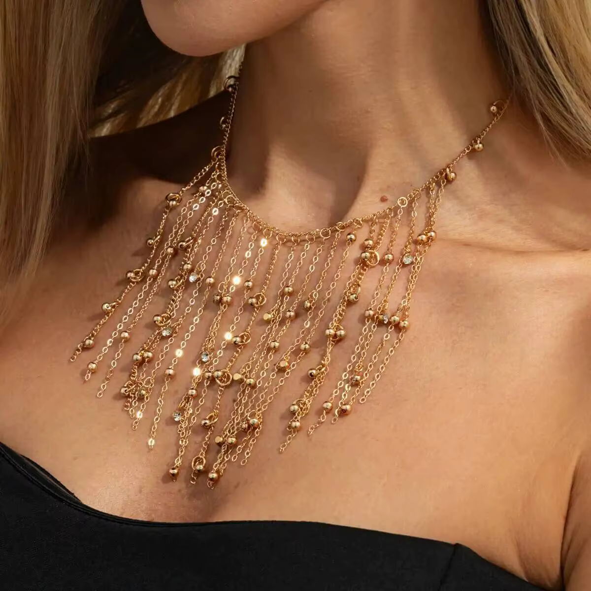 Collier ras de cou tendance avec chaîne à pampilles et perles, style vintage, réglable, couleur or, bijoux de fête, accessoires de cou pour femmes