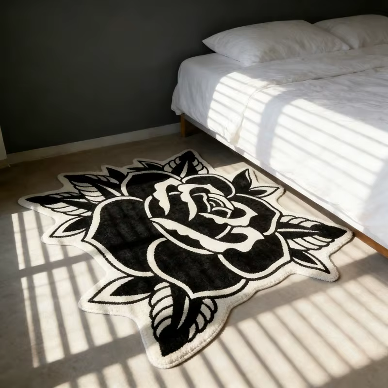 Tapis vintage américain noir et blanc à motif de roses, tapis irrégulier unique et créatif pour la décoration de la maison, tapis de salon, tapis doux et moelleux, lavable