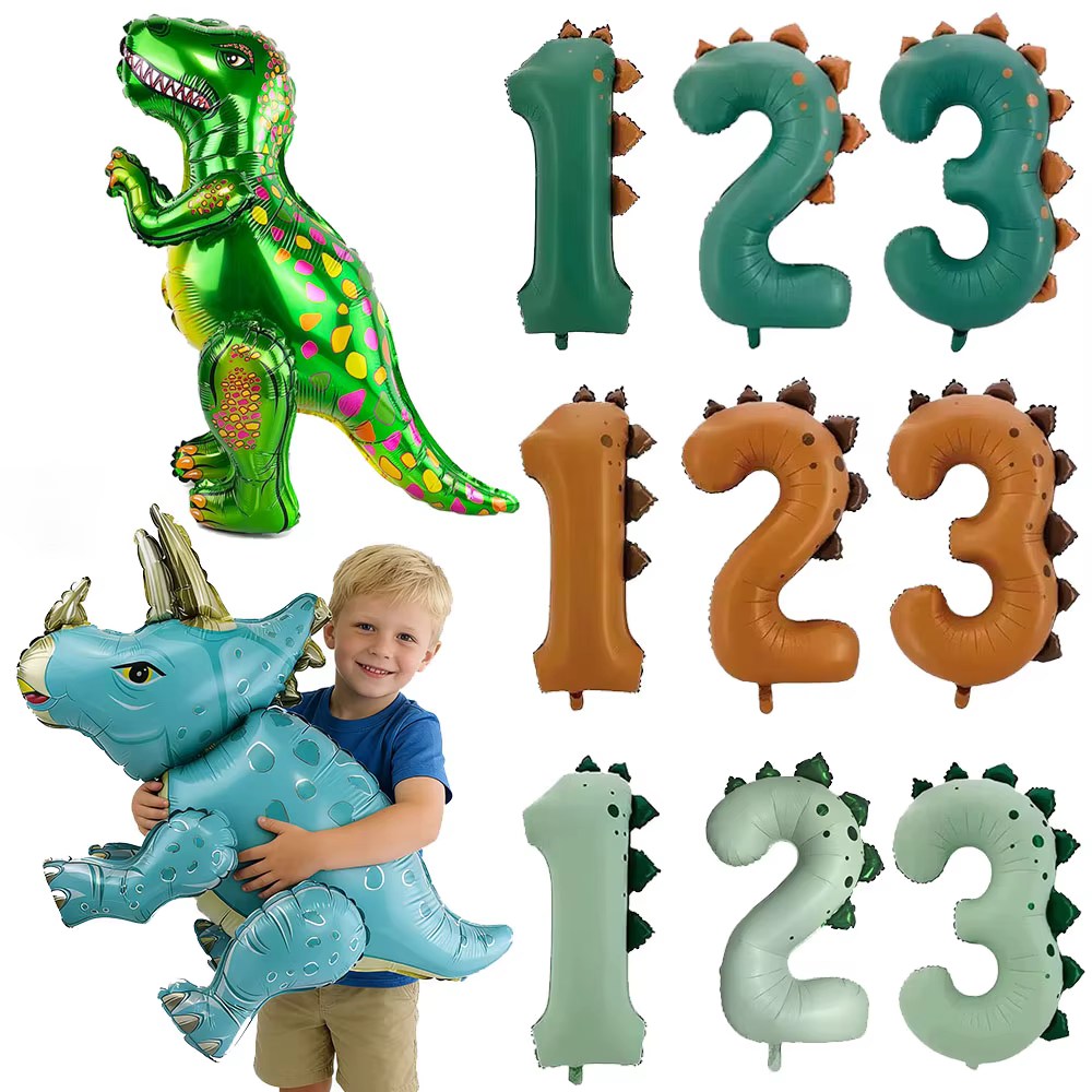 Ballon dinosaure de 32 pouces, ballons numérotés dinosaure pour garçons de 1 à 3 ans, décoration de fête sur le thème du dinosaure, ballon en aluminium pour baby shower