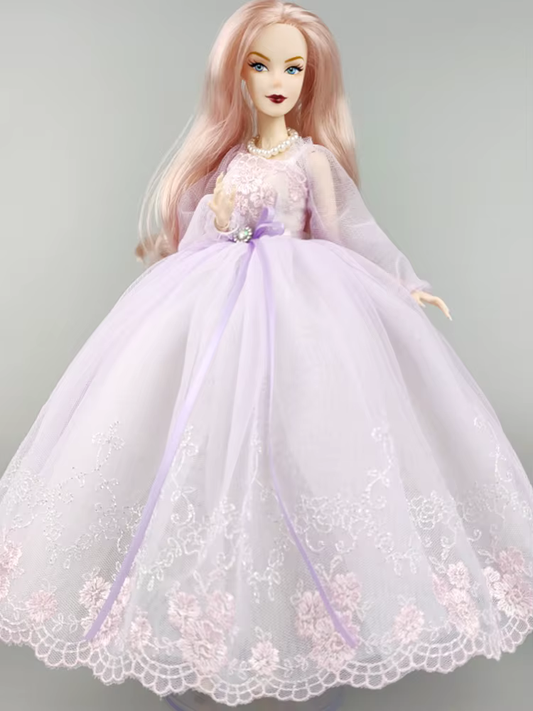 Robe de princesse violette faite à la main pour poupée Barbie, tenues pour poupées 1/6, accessoires, manches bouffantes, nœud papillon, robe de soirée, jouets