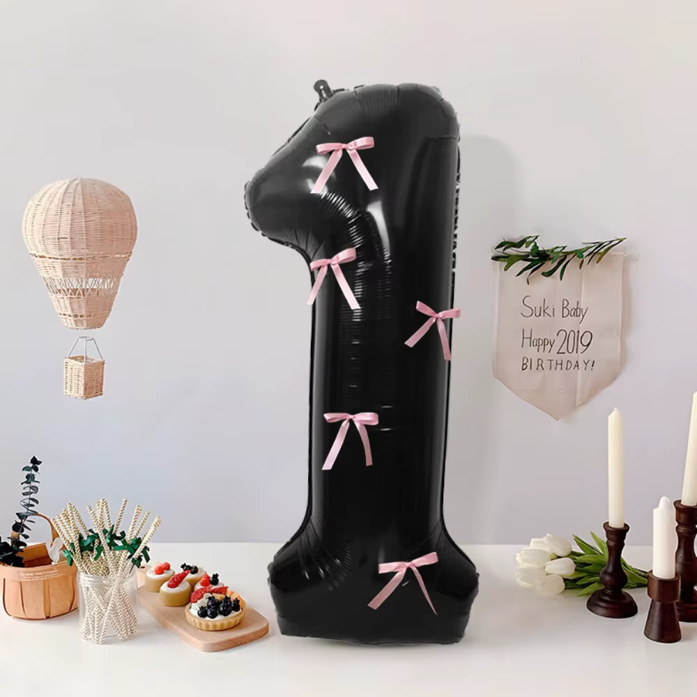 Ballon chiffre noir de 32 pouces avec nœuds roses, grand ballon en aluminium, ruban satiné, ballon décoratif, fournitures de fête