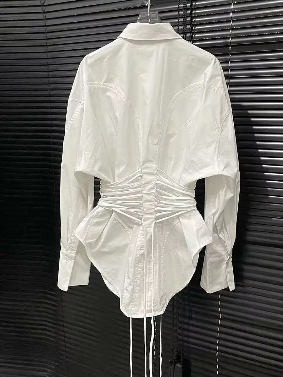 Chemise blanche à bretelles de taille pour femmes, Design de Niche, couleur unie, manches longues, haut féminin, nouvelle collection automne 2025 P4SQ