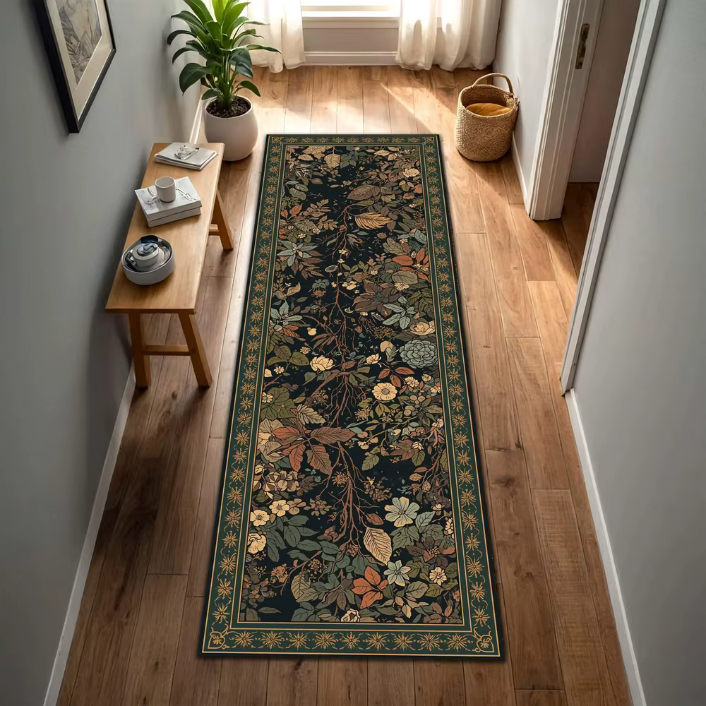Tapis de couloir vintage à motifs floraux et animaux sauvages