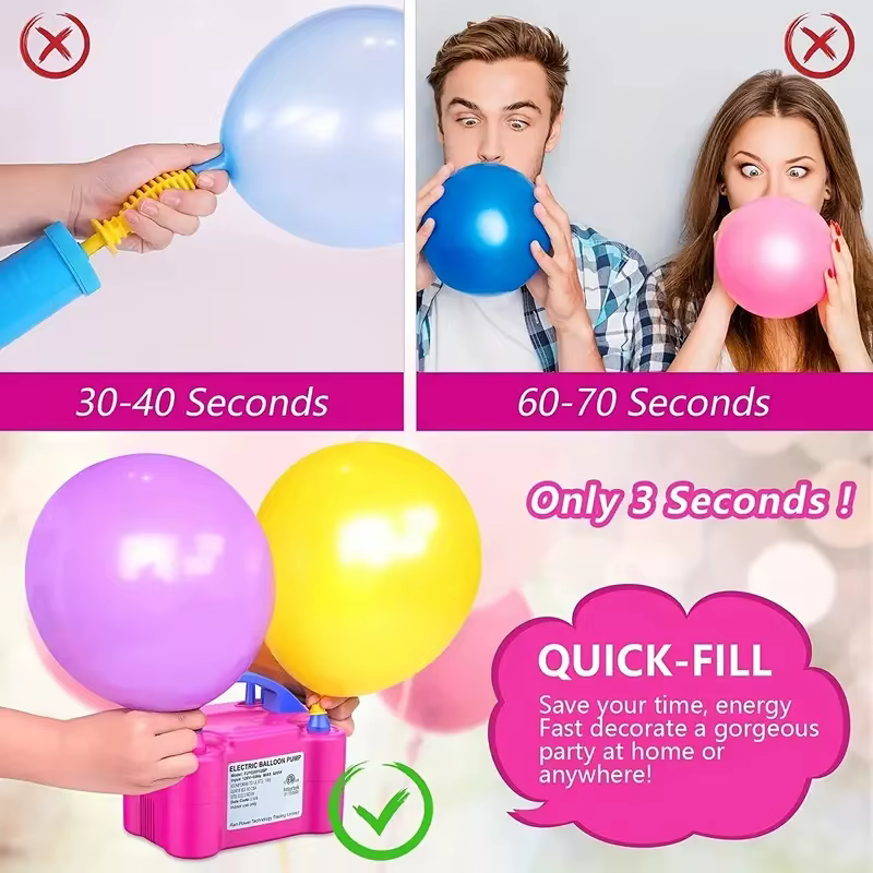 Pompe à ballons électrique portable avec deux buses, 600W, rouge rose - Alimentée par USB, fonctionnement manuel pour les décorations de fêtes et d'événements