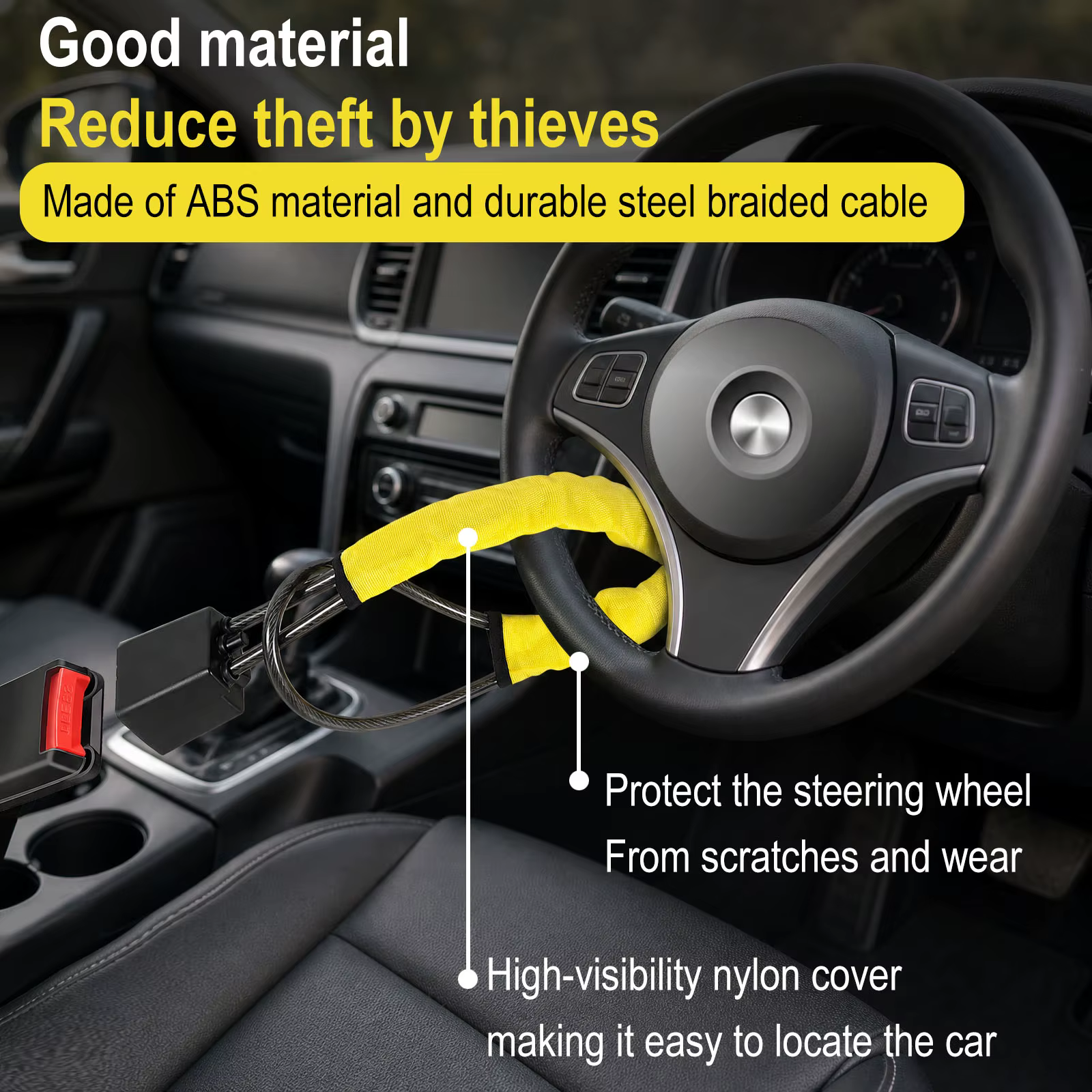 Verrou de volant de voiture avec prise de ceinture de sécurité, corde en acier pour camion, SUV, fourgonnette, camping-car, avec 2 clés, dispositif de protection antivol universel