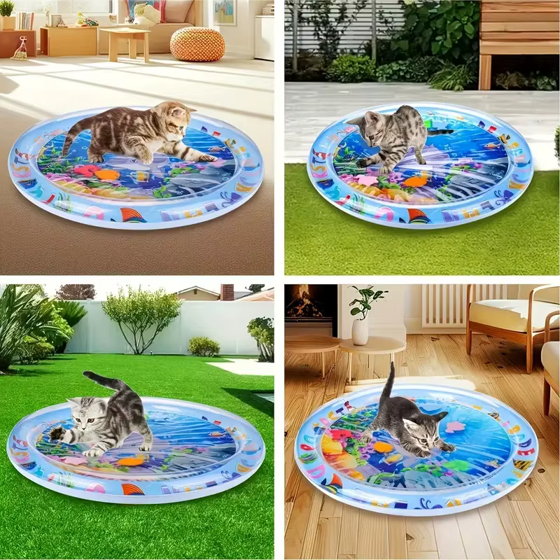 Tapis d'eau sensoriel pour chat, tapis de jeu aquatique pour chat en PVC, tapis d'éveil interactif pour chat avec poissons océaniques, jouet interactif pour chat