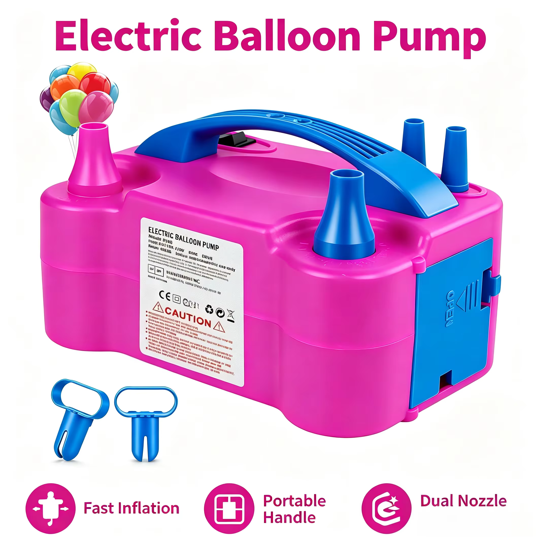 Pompe à ballons électrique portable 600W, machine à gonfler les ballons à double buse pour les décorations de fête, de mariage, de Noël, d'anniversaire, rose