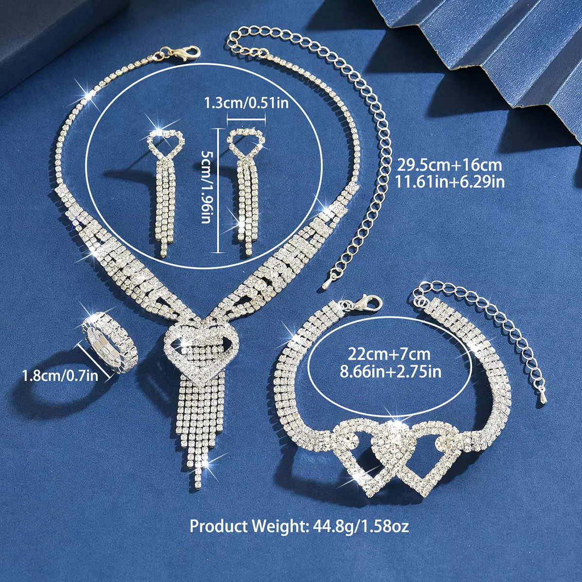 Nouvel ensemble d'accessoires de mariée : collier à franges en forme de cœur à trois couches, boucles d'oreilles, bague et bracelet