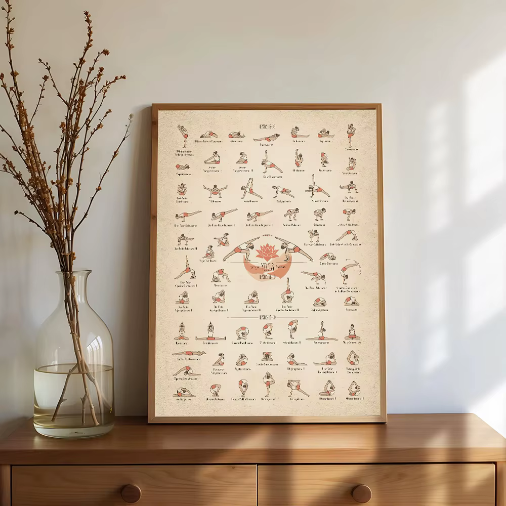 Affiche de décomposition des poses de yoga relaxantes en noir et blanc