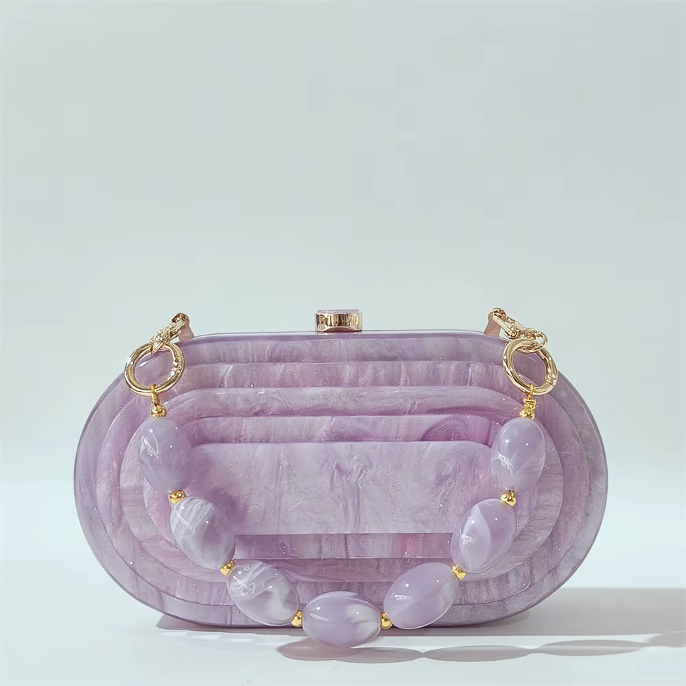 Violet petit paillettes fait à la main Pro Cocktail semi-cercle acrylique Streamer couches sac à main sac à main célébrité fête soirée sac de plage