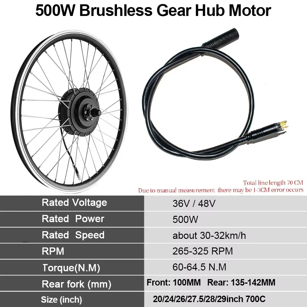 Kit de motorisation de vélo électrique, avec moteur intégré dans le moyeu de la roue, 36/48V, 500/350/1500W, 26/28 pouces