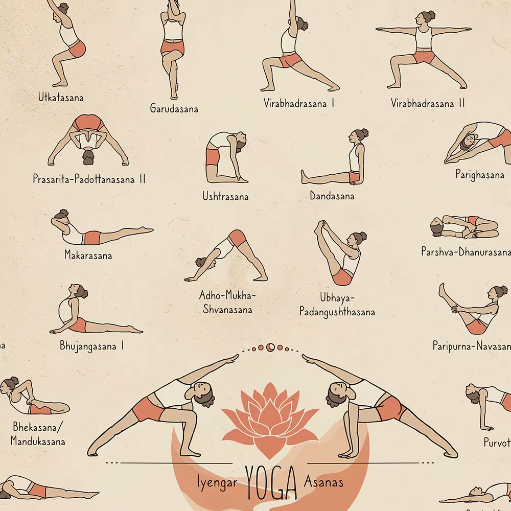 Affiche de décomposition des poses de yoga relaxantes en noir et blanc