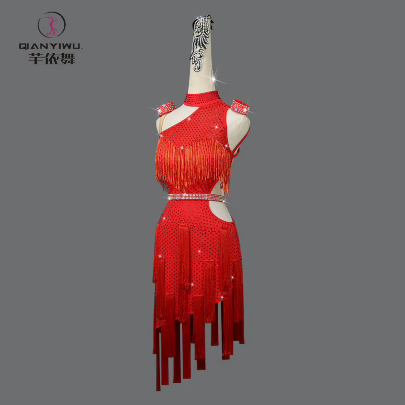 Robes de soirée rouges pour femmes, costume de danse latine élégant, compétition 2026, jupe à franges pour filles, vêtements de danse mi-longs, costume de samba pour bal fille robes soirée costume ju