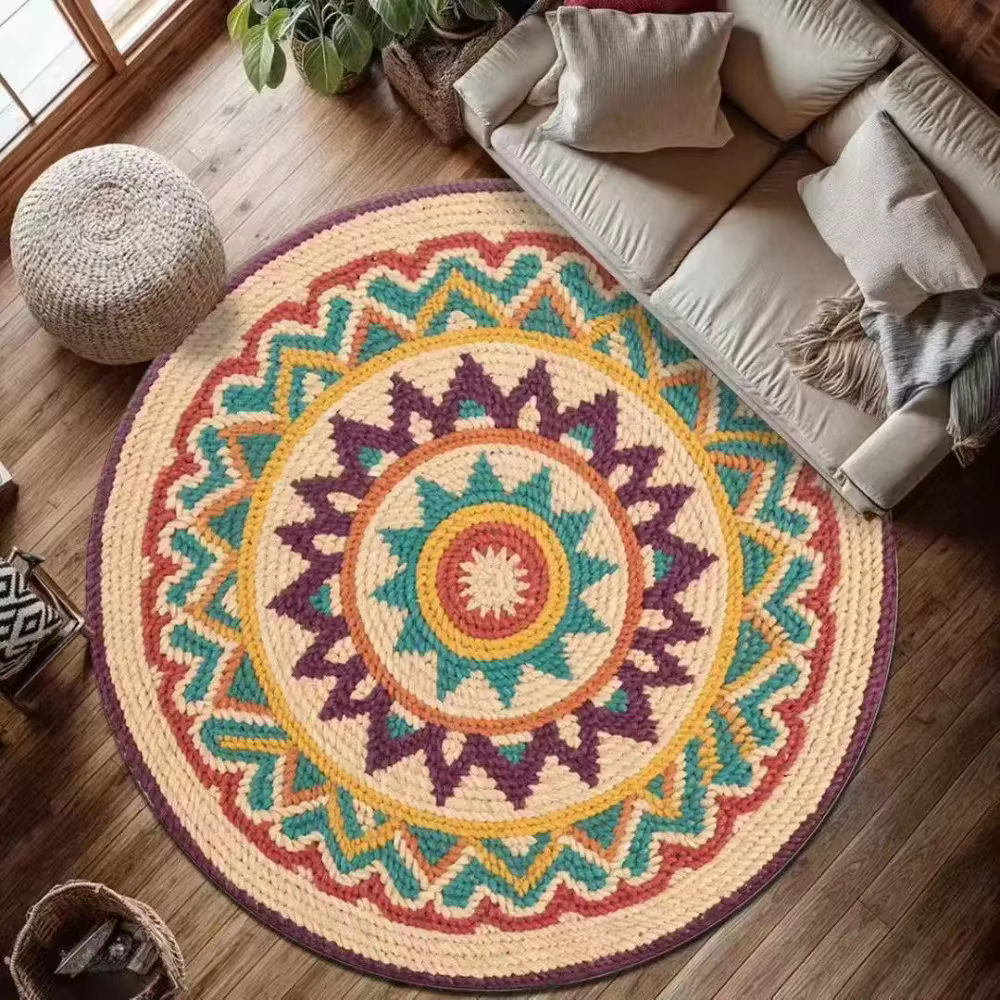 Tapis rond Mandala, style bohème ethnique
